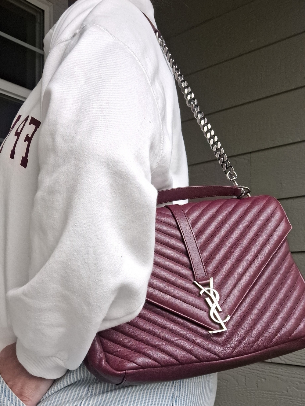 Saint Laurent YSL Chevron College Bag Burgundy Aged Black Hardware Large Size - Picture 3 of 16